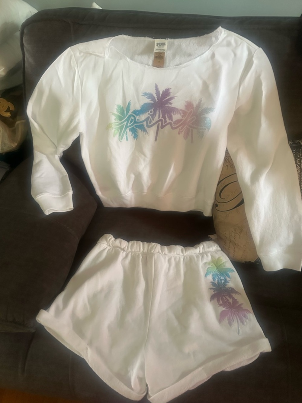 Victoria's Secret PINK White Sweatshirt with Pastel Palm Print